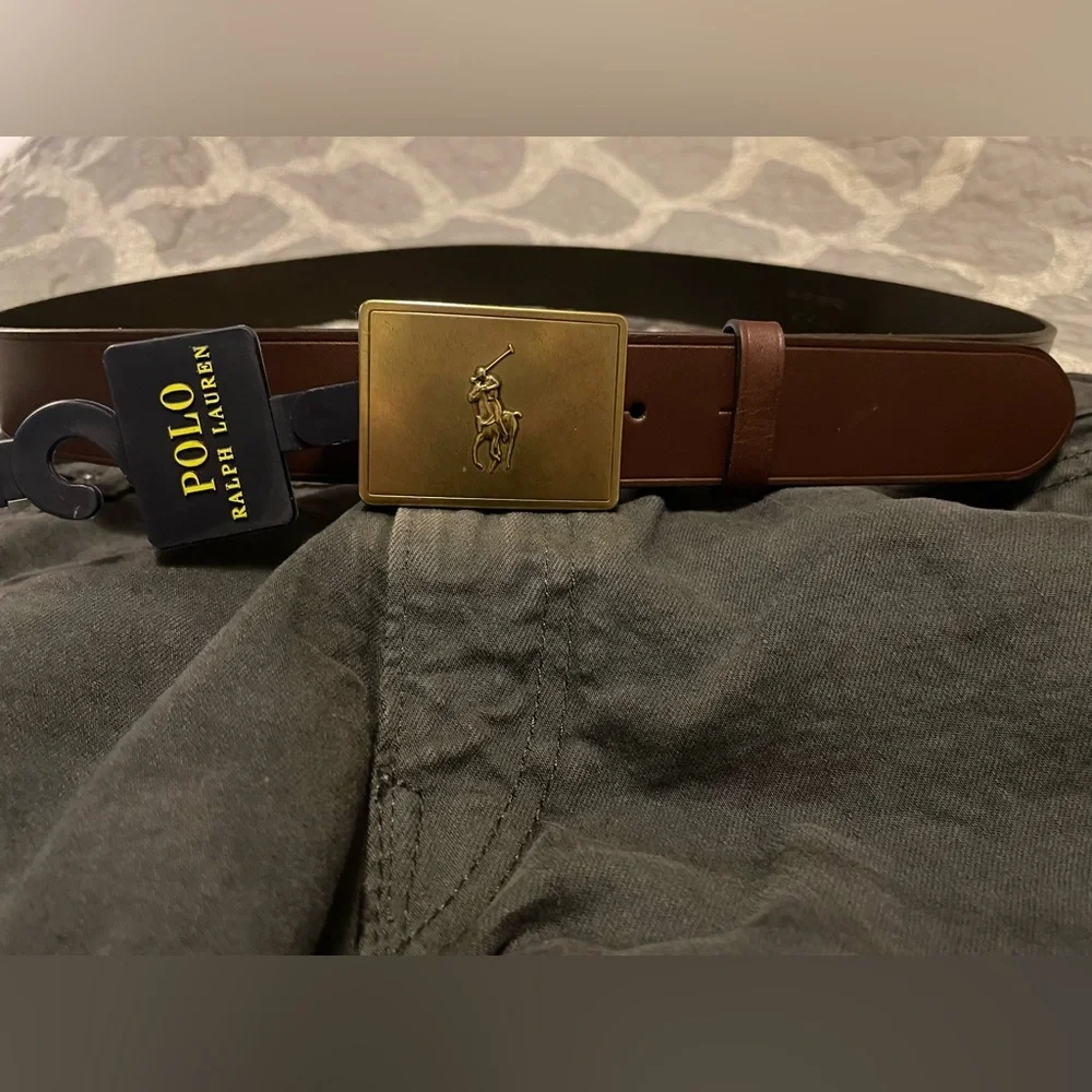 NWT  Polo Ralph Lauren Men’s Brown Leather Belt with Big Pony Gold Buckle. Sz:42
